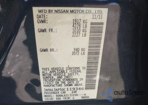 2016 Nissan Altima 2.5 Sv from USA, damaged, VIN 1N4AL3AP5GC119346